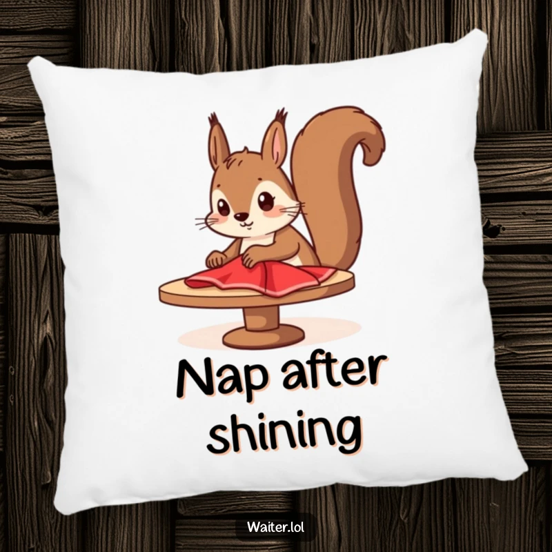 Funny squirrel cleaner pillow with a determined cartoon squirrel diligently wiping a table with a red cloth, soft and humorous decorative item.