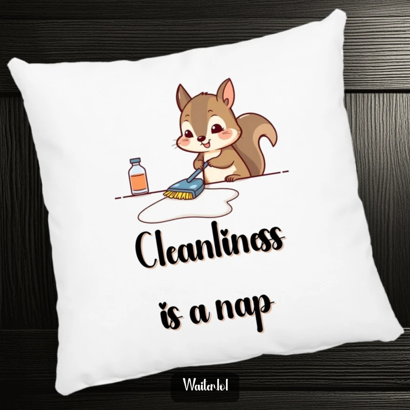 Funny squirrel pillow featuring a determined squirrel scrubbing a table, adding comfort and humor to any space.