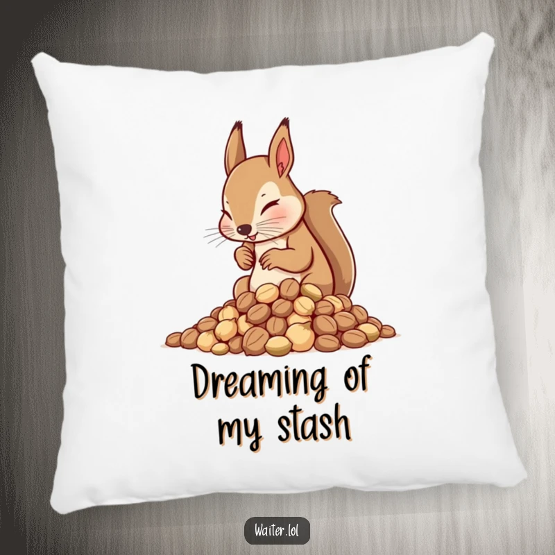 Funny Squirrel Waiter Pillow: Determined squirrel waiter carefully arranging a pile of nuts, offering comfort and humor.