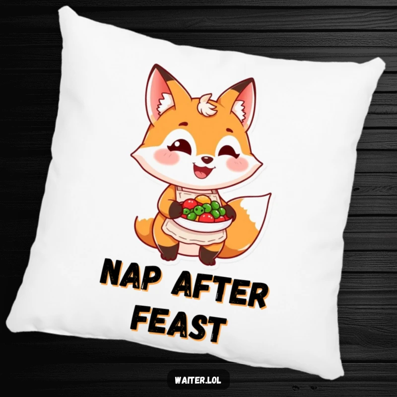 Funny grinning fox in an apron proudly presents a colorful dish on a decorative pillow, offering cozy culinary humor.