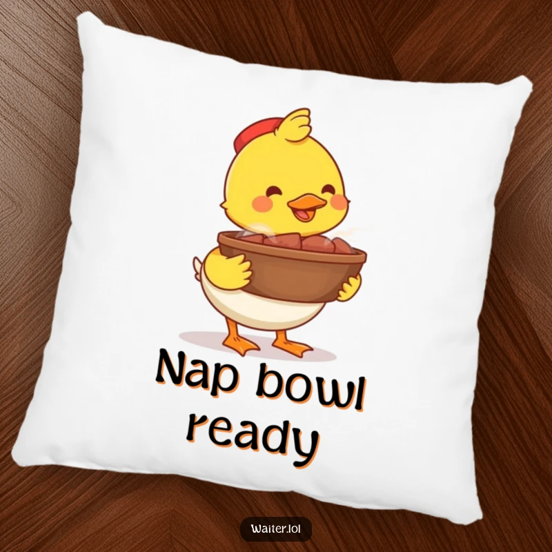 Funny happy duck bowl pillow, a proud duck carrying a steaming bowl, offering comfort and culinary joy, a soft and funny decor piece.