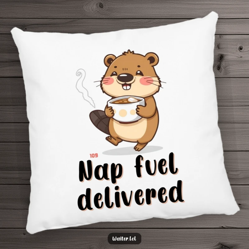 Funny beaver pillow featuring a busy character carefully carrying a steaming bowl, offering comfort and dedicated humor.