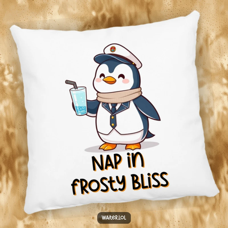 Funny Penguin Drink Pillow: A proud penguin in uniform offers a frosty drink, a chic accent for any room.