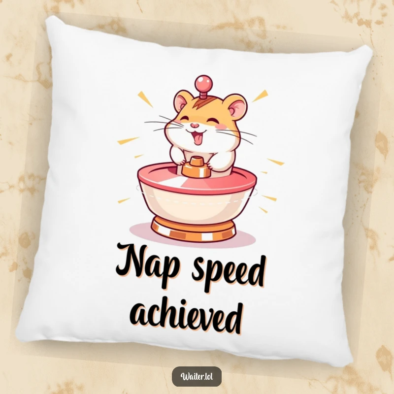 Funny hamster pillow featuring a giggling character spinning a lazy susan at lightning speed, offering comfort and speedy humor.