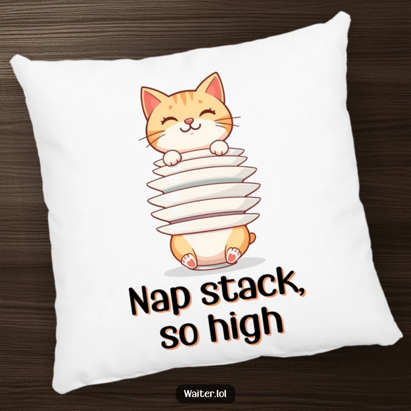 Funny cheerful cat balancing a huge stack of plates precariously on a pillow, adding comfort and humor, a funny gift.