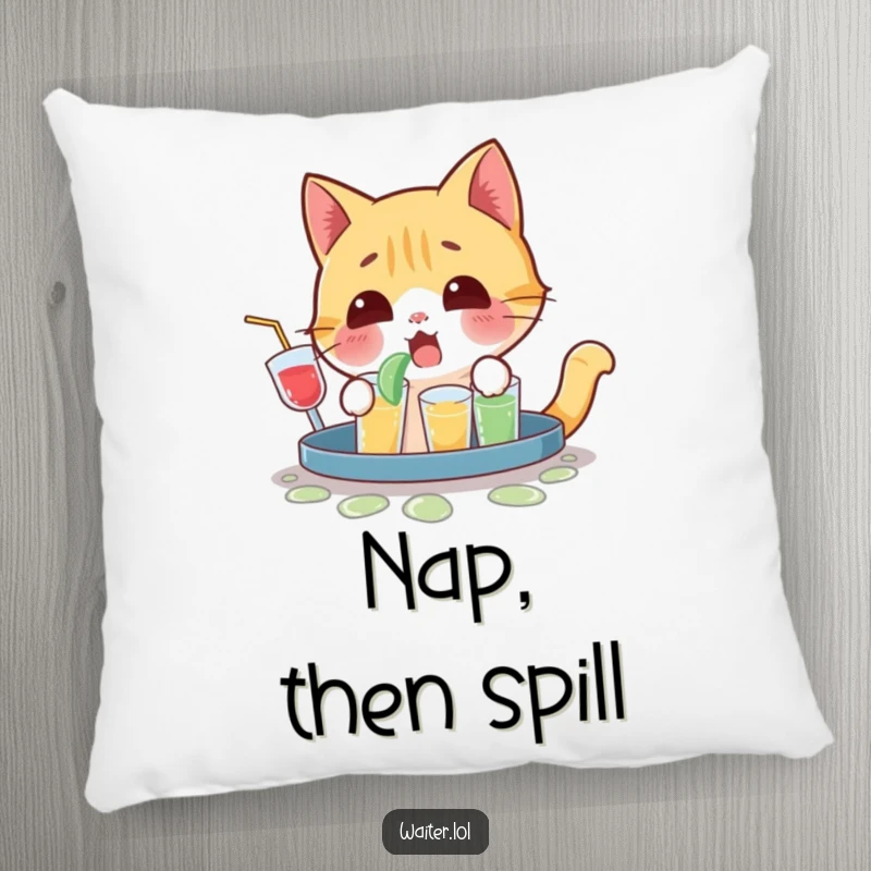 Funny pillow design depicting a playful cat character looking surprised and letting out a small yelp after spilling drinks.