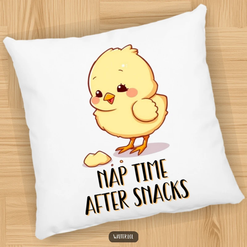 Funny pillow with a fluffy chick character pecking at a crumb, offering comfort and a humorous touch.