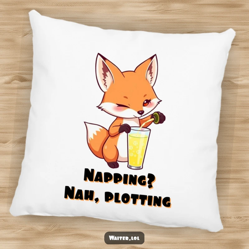 Funny fox pillow featuring a playful fox pouring a drink with a mischievous twinkle, adding comfort and humor to any space.