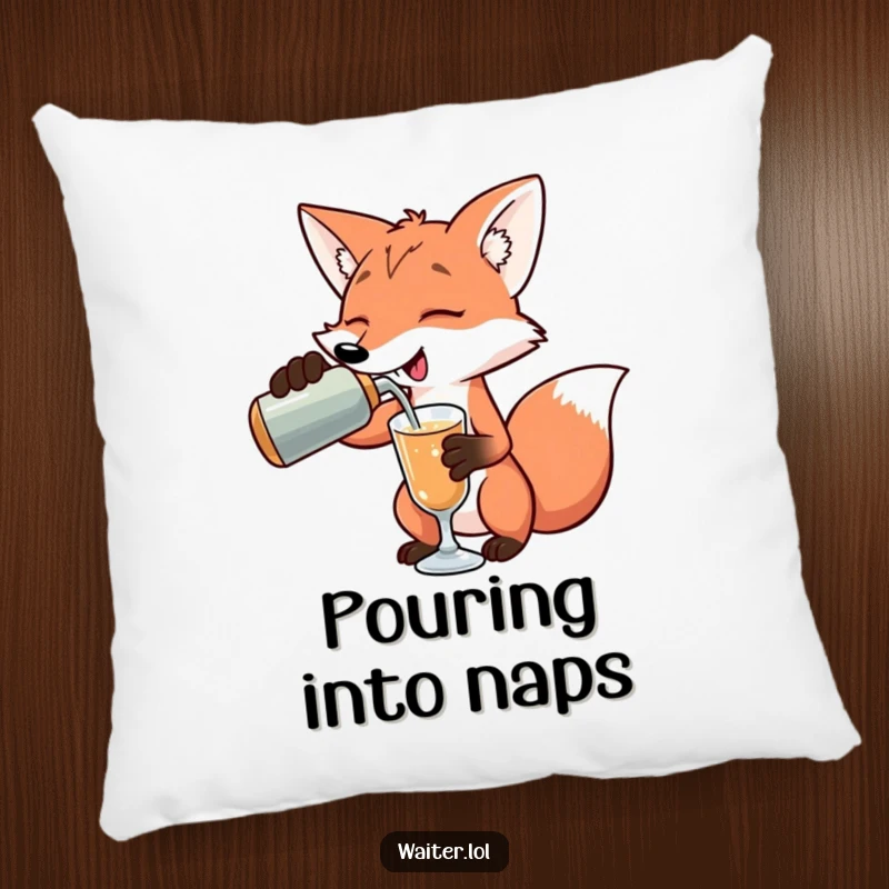 Funny playful fox pouring a drink with an exaggerated flourish on a pillow, adding comfort and stylish humor, a funny gift.