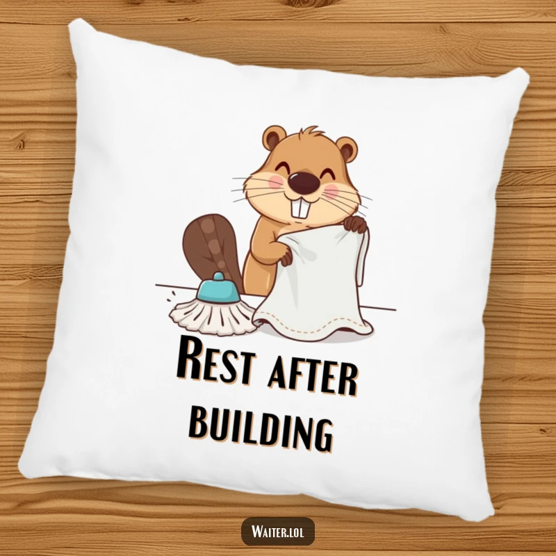 Funny determined beaver vigorously wiping a table with a large cloth on a decorative pillow, offering cozy, industrious humor.