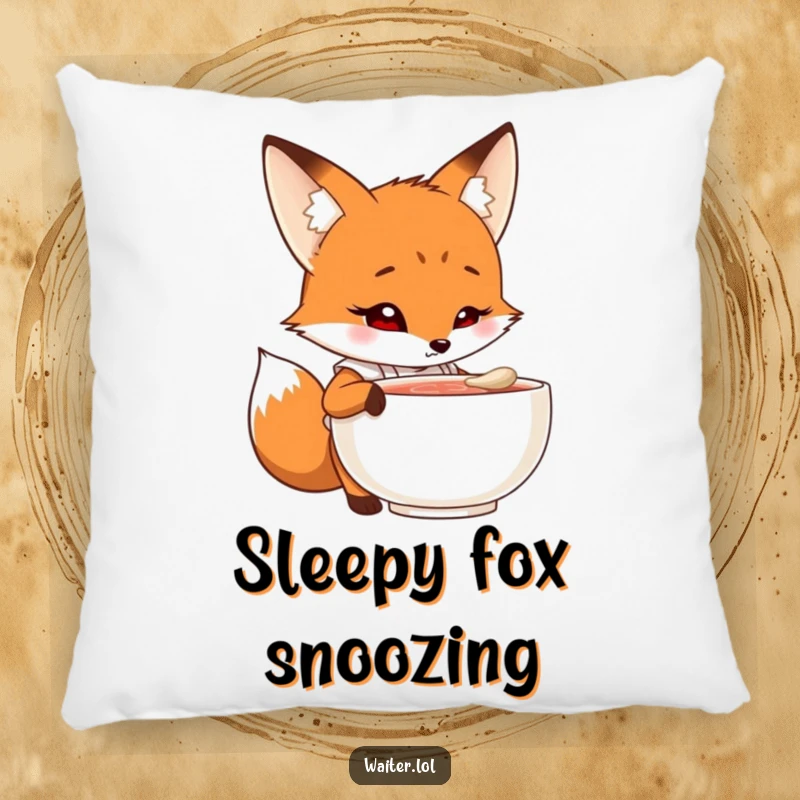 Funny fox chef pillow with a curious cartoon fox in an apron peering into a steaming bowl with intrigue, soft and humorous decorative item.