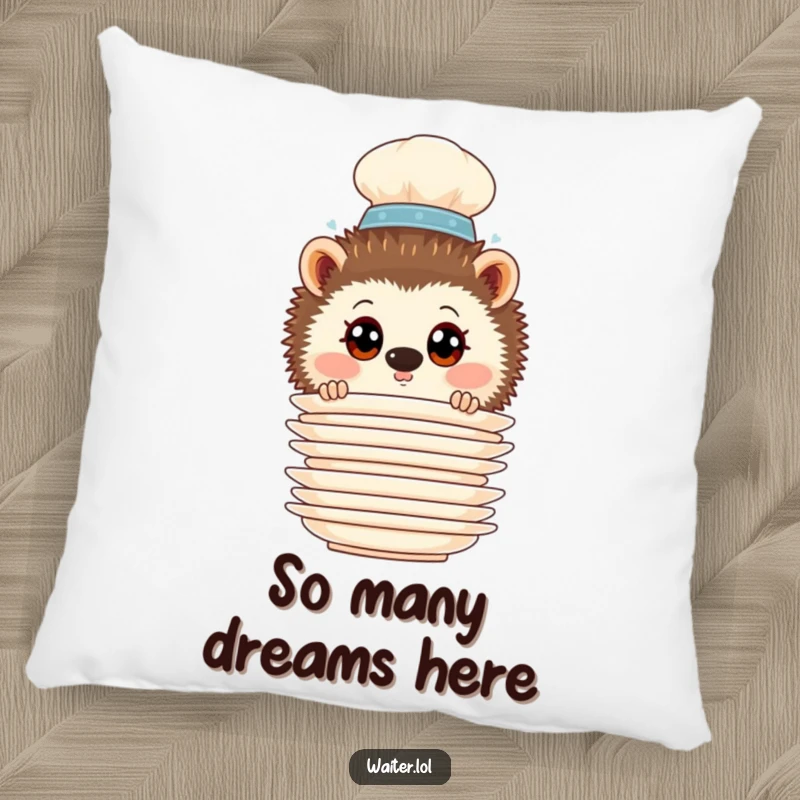 Funny Hedgehog Waiter Pillow: Curious hedgehog waiter peering from behind a stack of plates, offering comfort and humor.