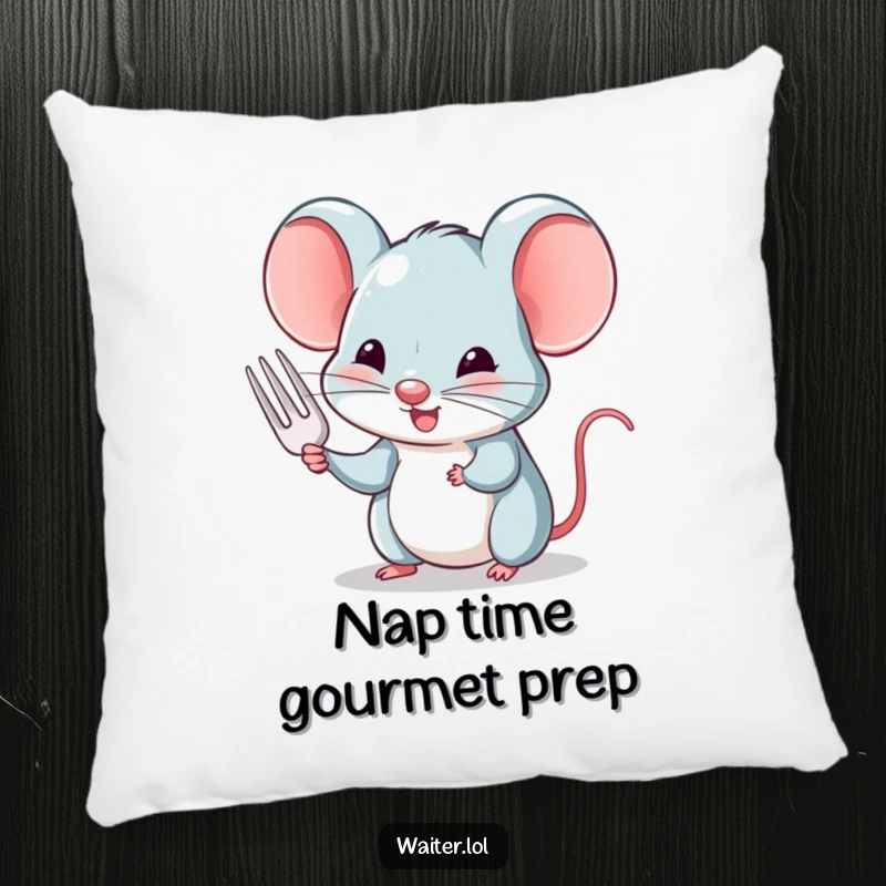 Funny, soft pillow with a charming mouse politely nodding and offering a tiny fork, perfect for cozy humor.
