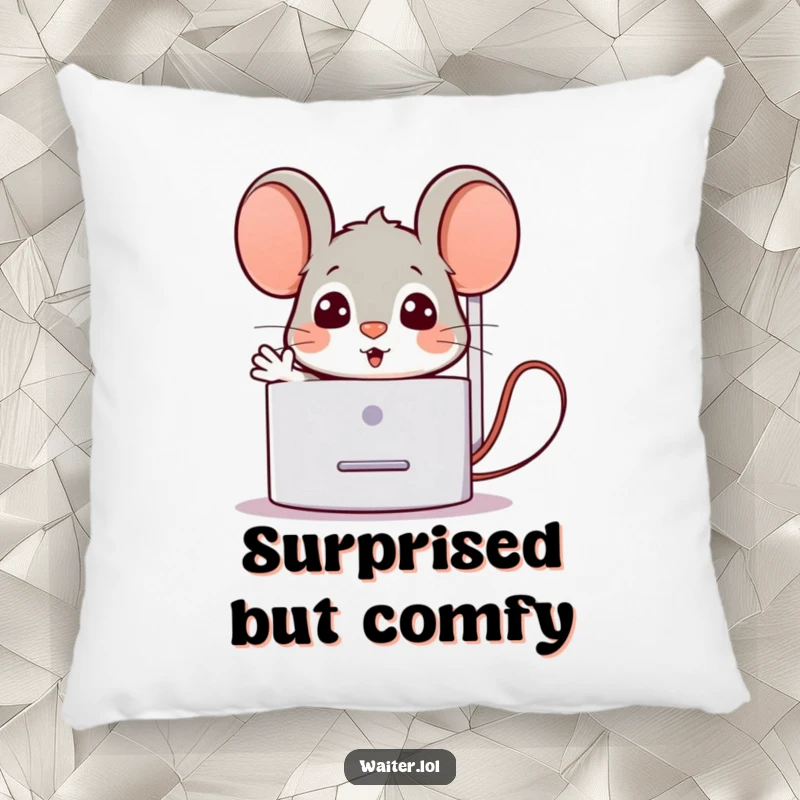 Funny Pillow featuring a surprised mouse popping out from behind a napkin dispenser with a welcoming gesture, offering plush comfort and gentle humor.