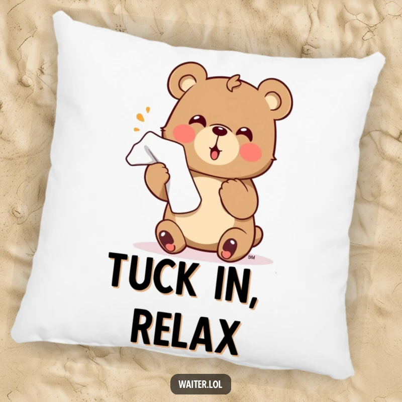 Funny bear pillow featuring a cute character enthusiastically offering a napkin with a flourish, offering comfort and hospitality humor.