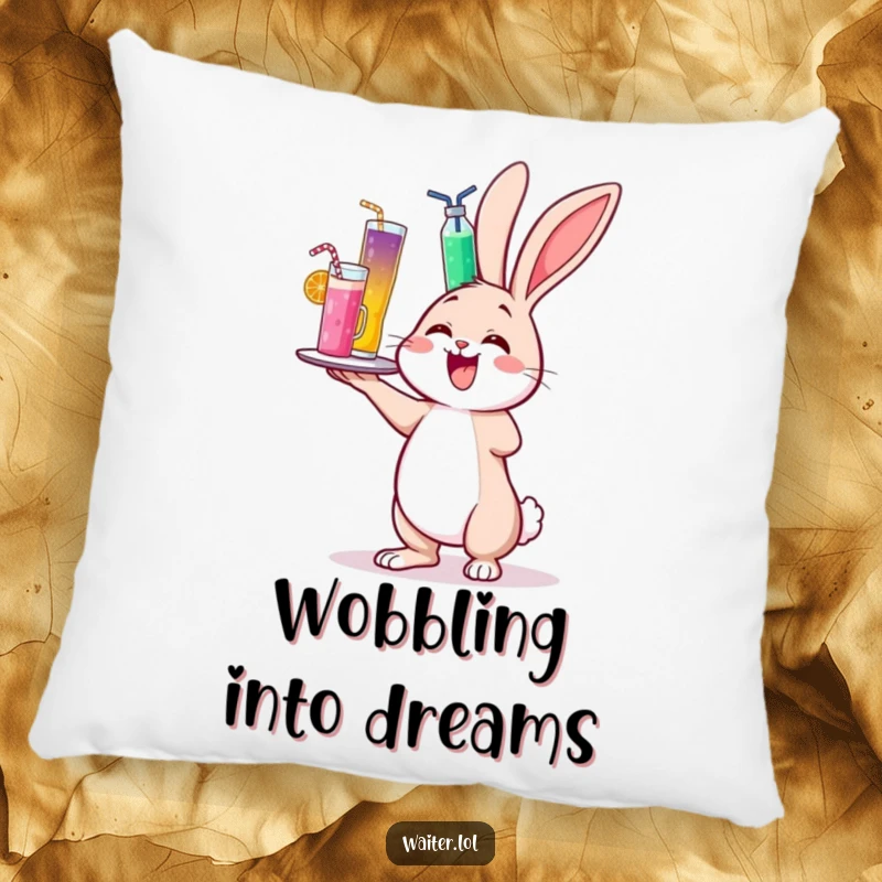 Funny pillow with a cheerful bunny delightedly wobbling while balancing a towering tray of colorful drinks.