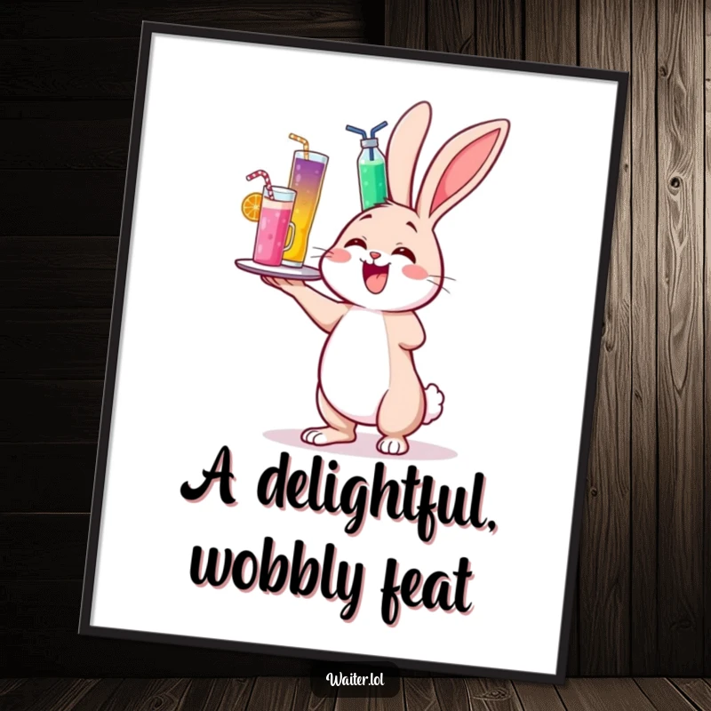 Funny digital art print of a cheerful bunny delightedly wobbling while balancing a towering tray of colorful drinks.