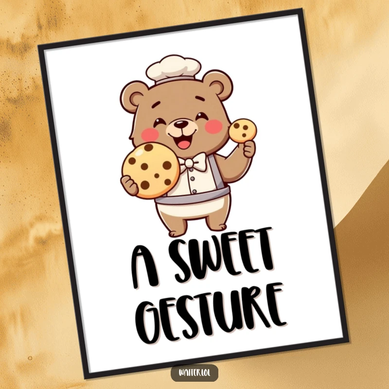Funny bear waiter digital art, a smiling bear wearing a bowtie proudly presents a single, enormous cookie with joy.