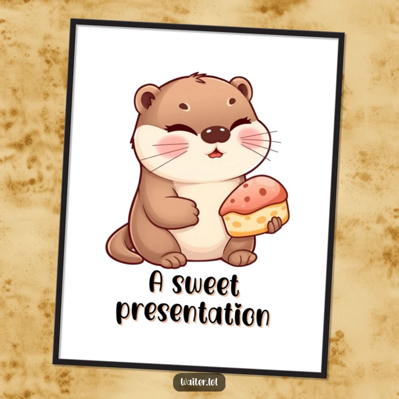 Funny Otter Pastry Digital Art Print: A cute otter winks while presenting a single pastry, ready to charm your walls.