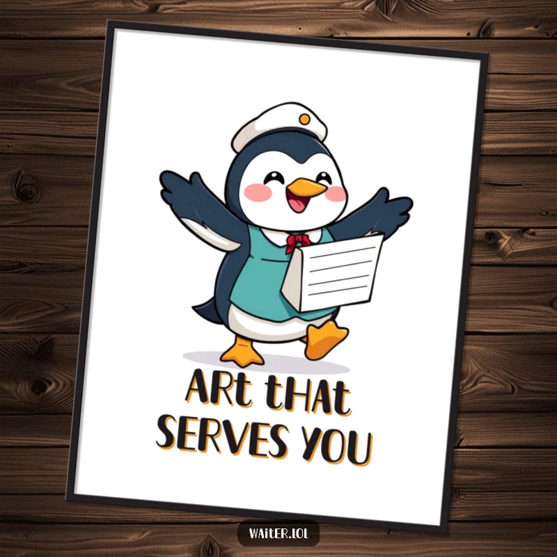Funny digital art print of a joyful penguin waiter waddling with a large order form, ready to serve up smiles and laughter digitally.