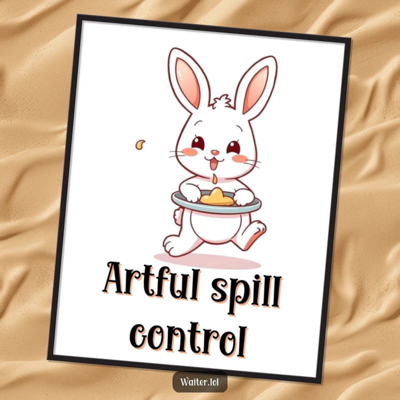 Funny Digital Art Print of a playful bunny hopping with a tray, artfully containing a single spill, adding instant charm and humor.