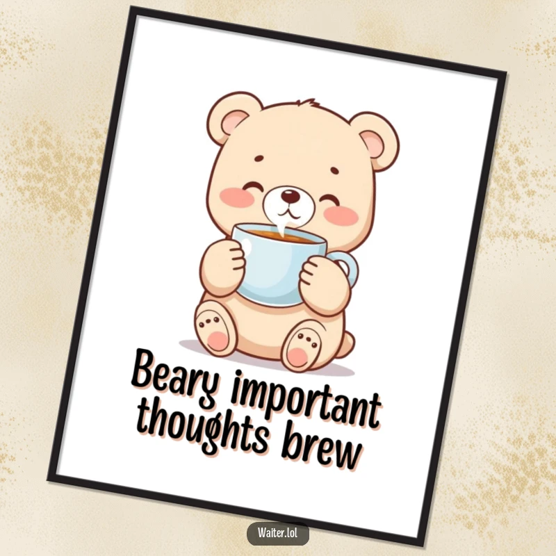 Funny bear cub digital art print of a sweet cub carefully holding a steaming coffee cup, conveying warmth.