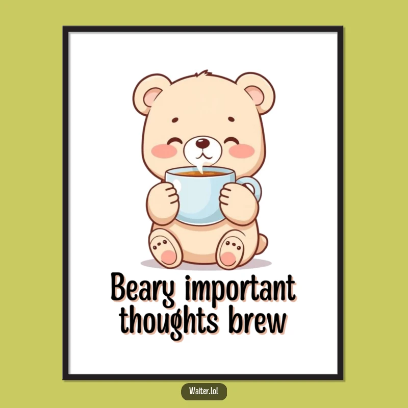 Funny Bear Cub Digital Art Print - Adorable Cub Coffee Moment, Instant Joy