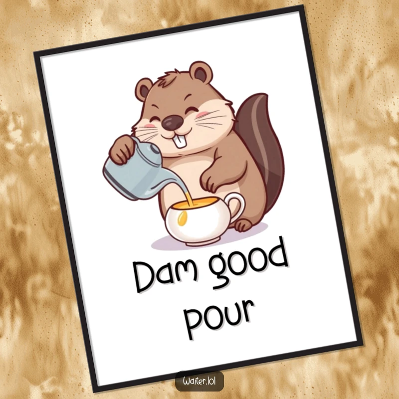 Funny beaver tea digital art print, a determined beaver carefully pouring tea, showing meticulous skill and artistic humor.
