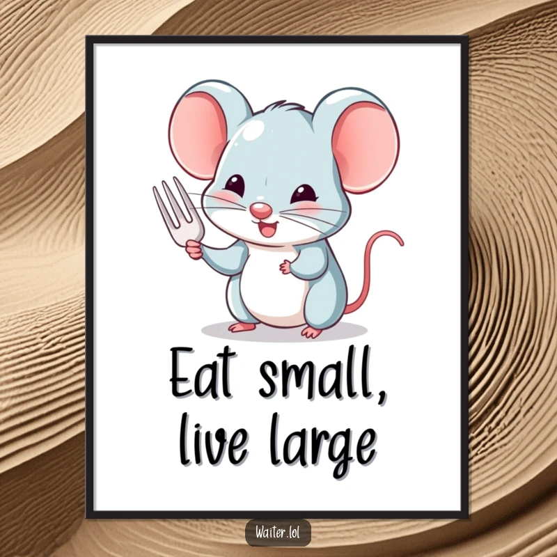 Funny digital art print of a charming mouse politely nodding and offering a tiny fork, adding instant charming humor.
