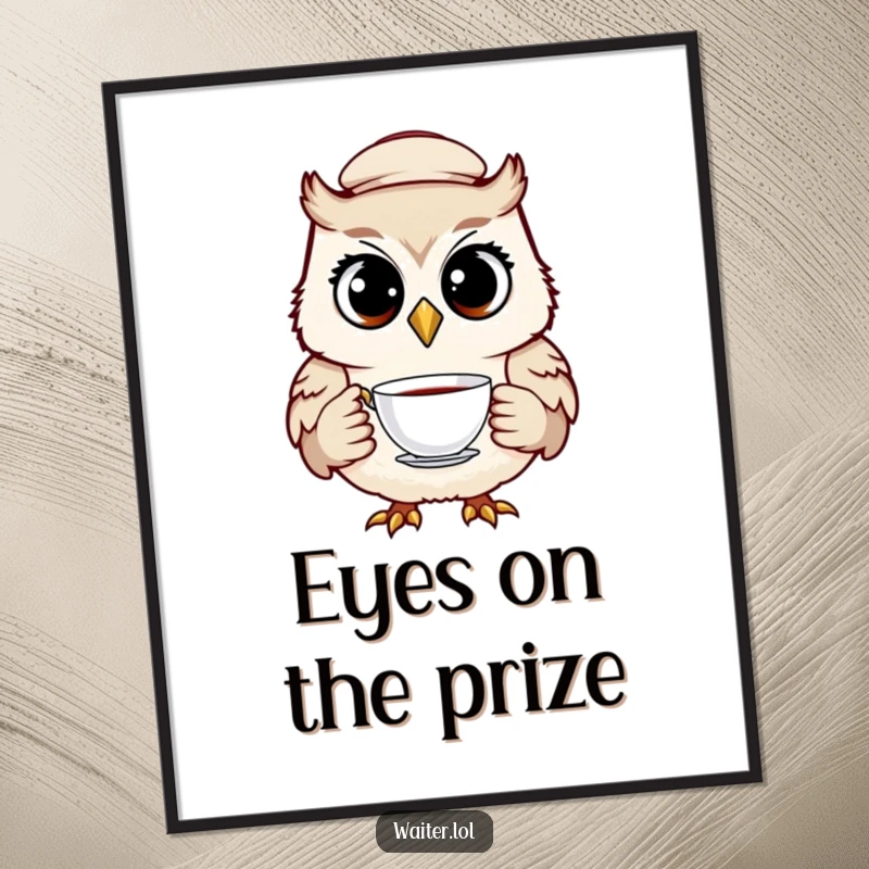 Funny owl waiter digital art showing a cheerful bird in a cap, holding a teacup with wide, knowing eyes, for instant decor.