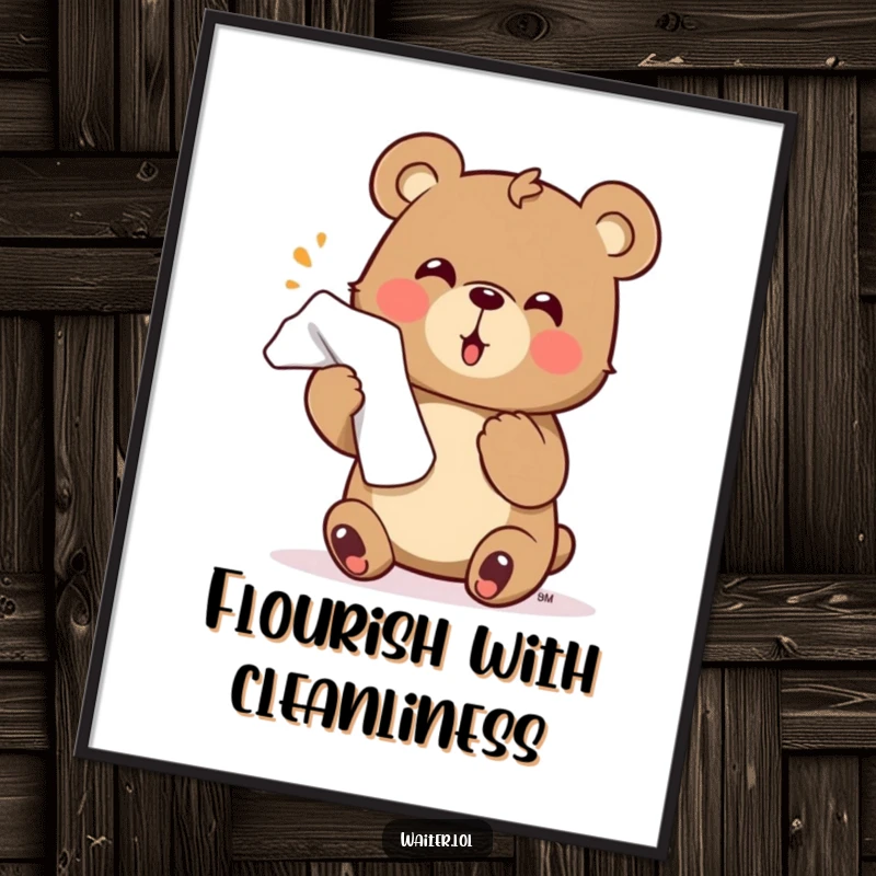 Funny bear digital art print of a character enthusiastically offering a napkin with a flourish, ideal for welcoming and charming decor.