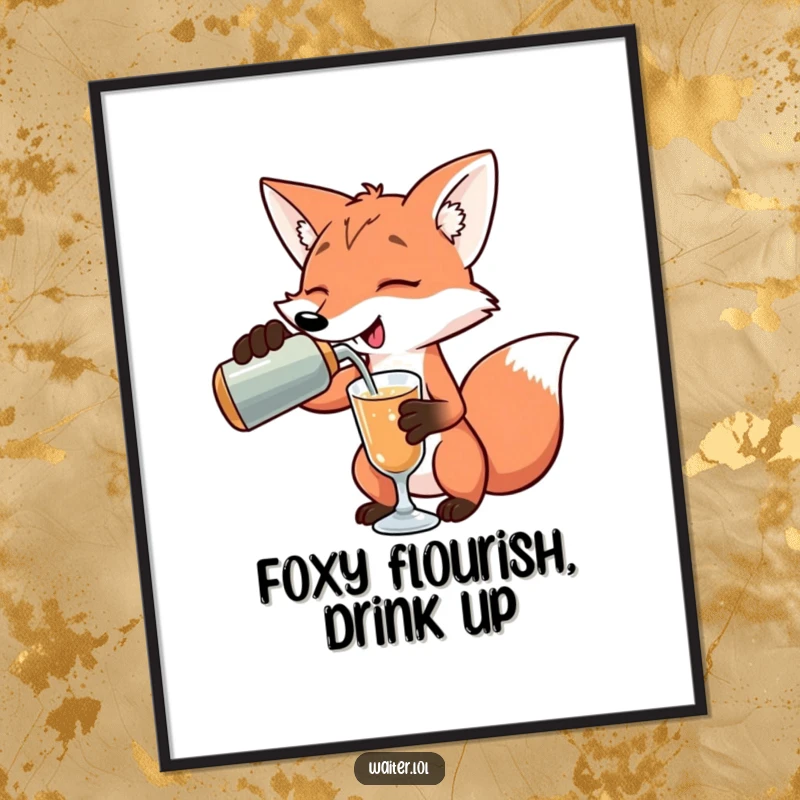 Funny playful fox pouring a drink with an exaggerated flourish, a stylish digital art piece, a perfect funny gift.