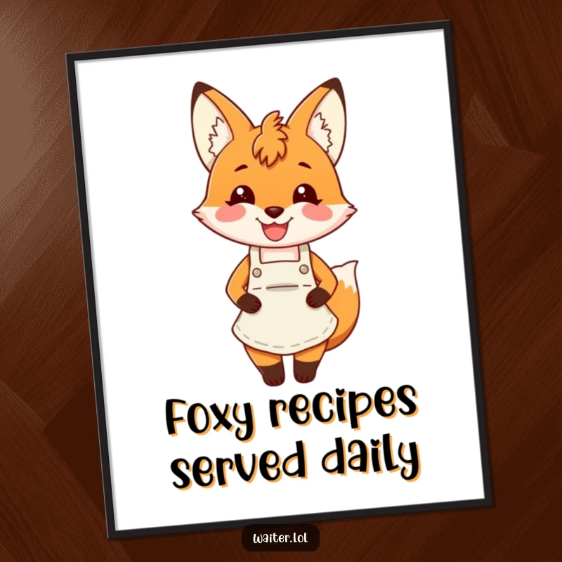 Funny fox apron digital art print of a charming fox wearing an apron and smiling broadly, conveying happiness.