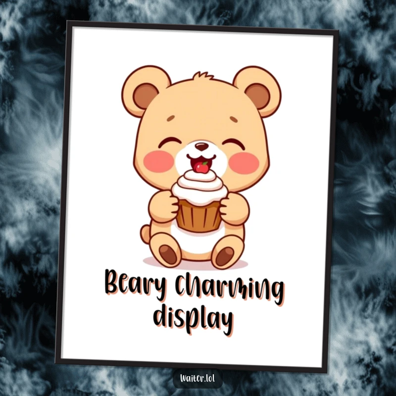 Funny bear cub digital art print of a delighted cartoon bear cub presenting a perfect cupcake with a beaming smile, sweet and joyful.