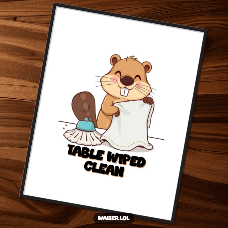 Funny determined beaver vigorously wiping a table with a large cloth as a downloadable digital art print, humorous industrious decor.