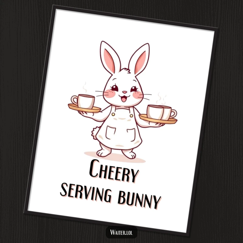 Funny digital art print of a happy bunny in an apron carrying a tray of steaming mugs, for instant decor.
