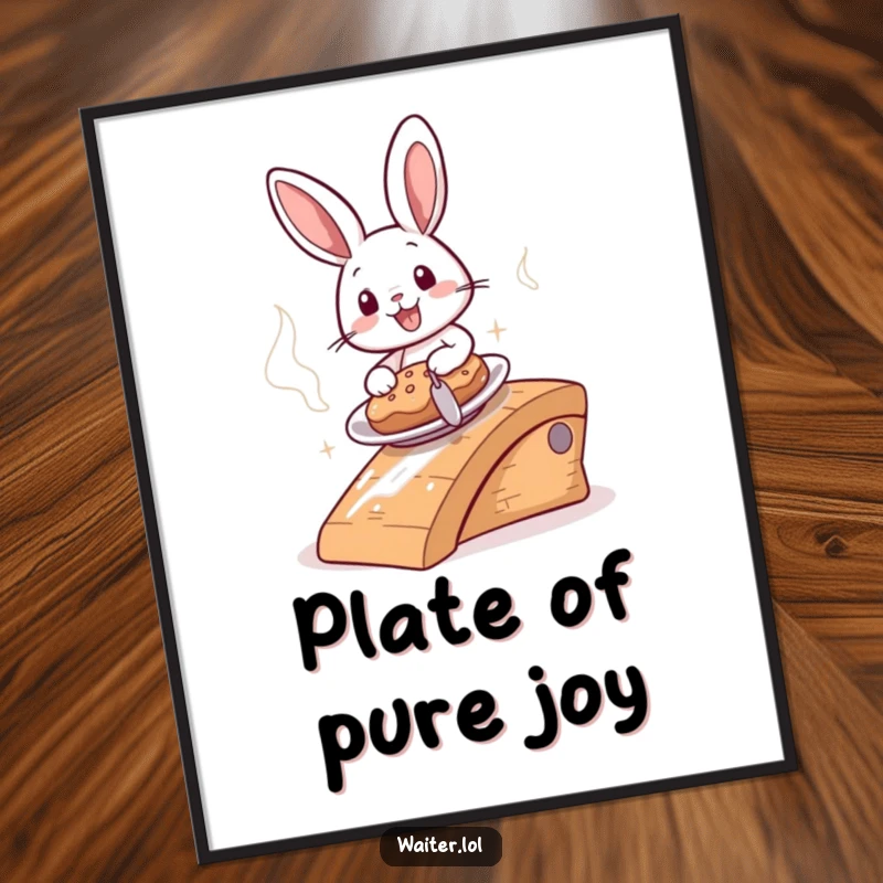 Funny cheerful bunny sliding a steaming plate down a ramp as a downloadable digital art print, humorous speedy decor.