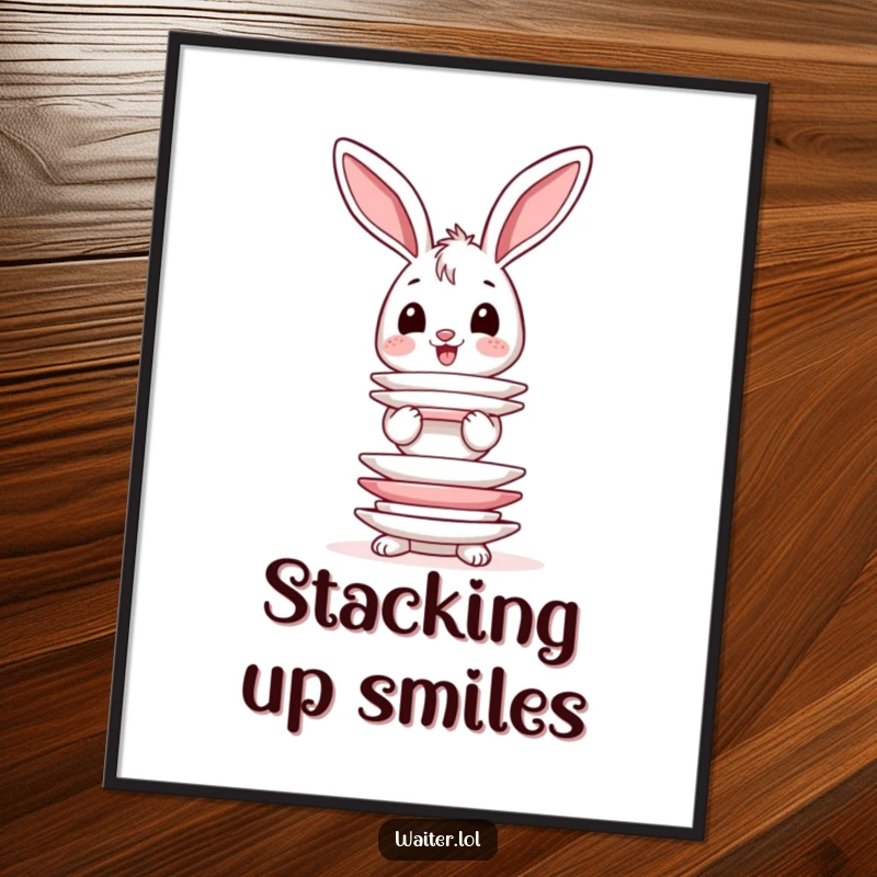 Funny digital art print of a happy bunny character with wobbly ears struggling to balance a tall stack of plates.