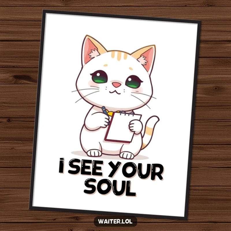 Funny Cat Barista Digital Art Print: A high-resolution illustration of a focused cat barista, notepad in paw, ready to take an order humorously.