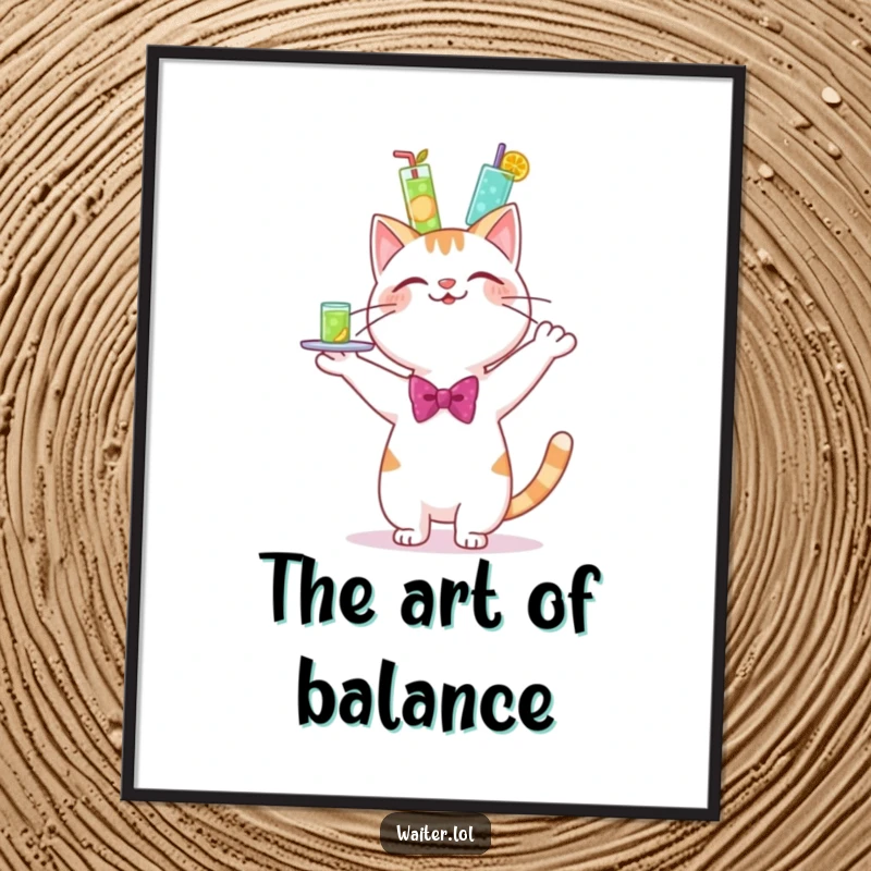 Funny digital art print of a cheerful cartoon cat in a bowtie, happily wobbling a towering tray of drinks.