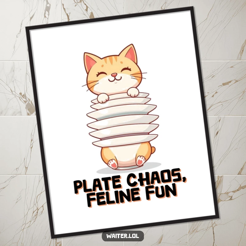 Funny cheerful cat balancing a huge stack of plates precariously, a humorous digital art piece, perfect for cat lovers, a funny gift.