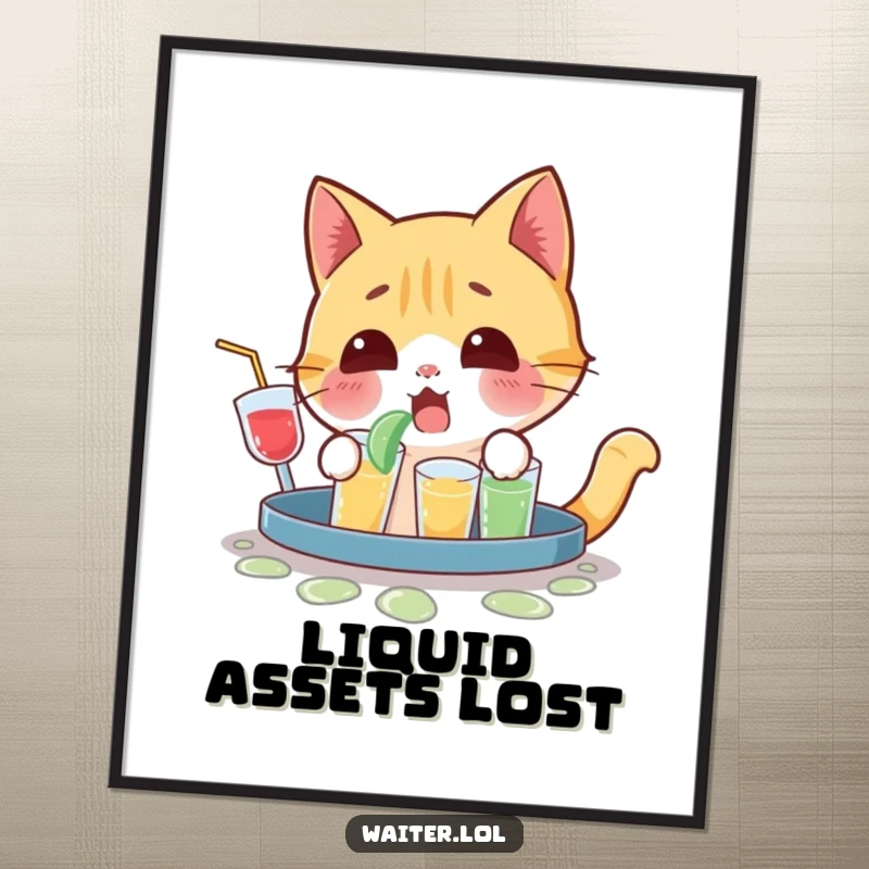 Funny digital art print of a playful cat character yelping in surprise after knocking over a tray of drinks.