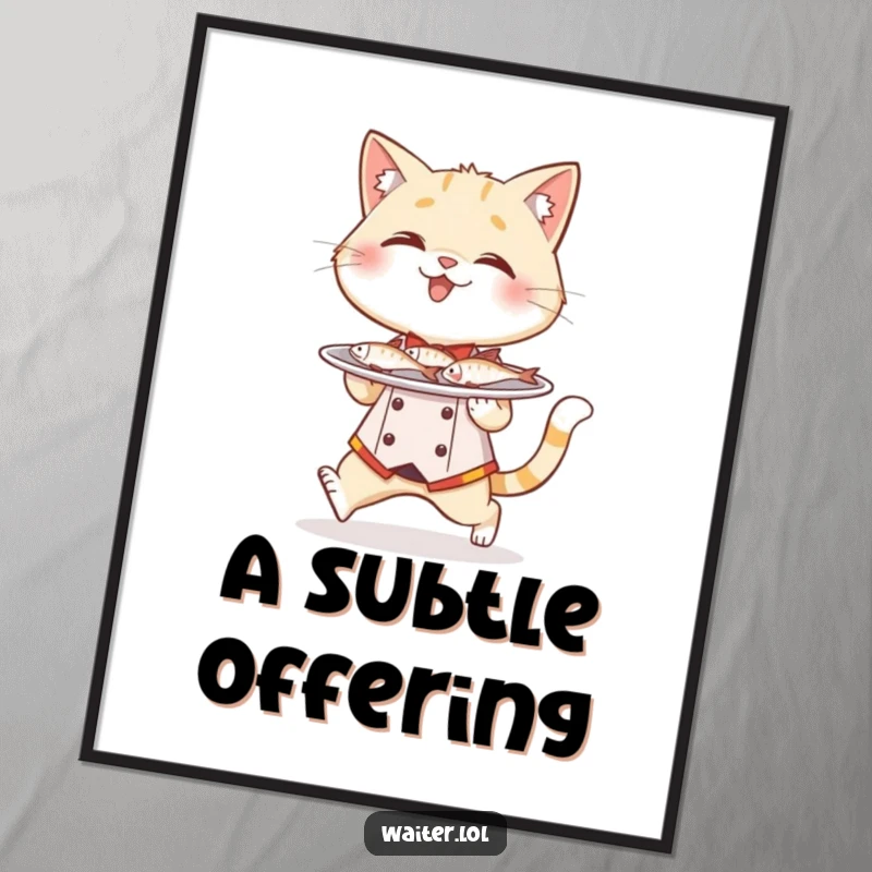 Funny cat waiter digital art, a giggling cat wearing a waiter uniform tiptoes with a plate full of miniature fish.