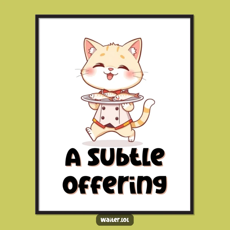 Funny Cat Waiter Digital Art: Fish Plate Print, Instant Dining Gift