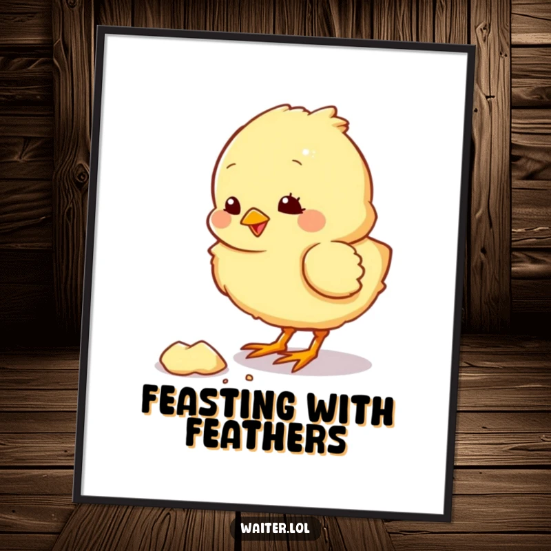 Funny digital art print of a fluffy chick character pecking at a crumb with a pleased chirp, adding instant cuteness and humor.