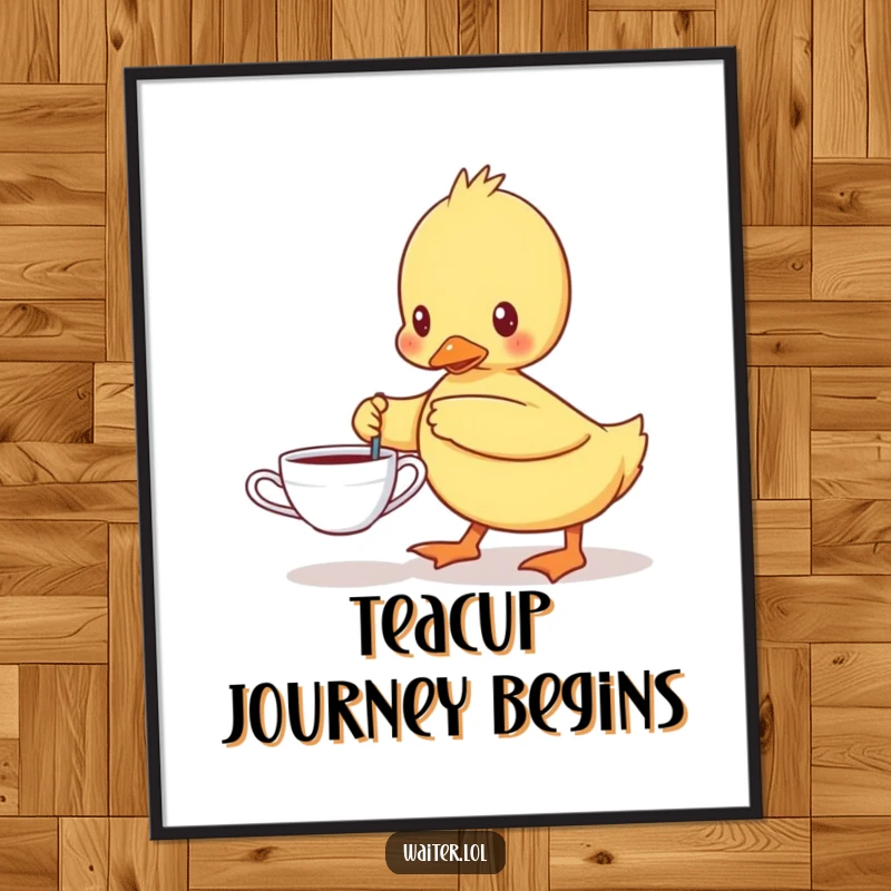Funny digital art print of a determined duckling carefully carrying a single teacup, perfect for adding humorous charm to decor.