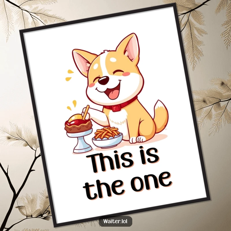 Funny Dog Menu Digital Art Print: A happy dog enthusiastically points to a delicious menu item, ready to inspire appetite.