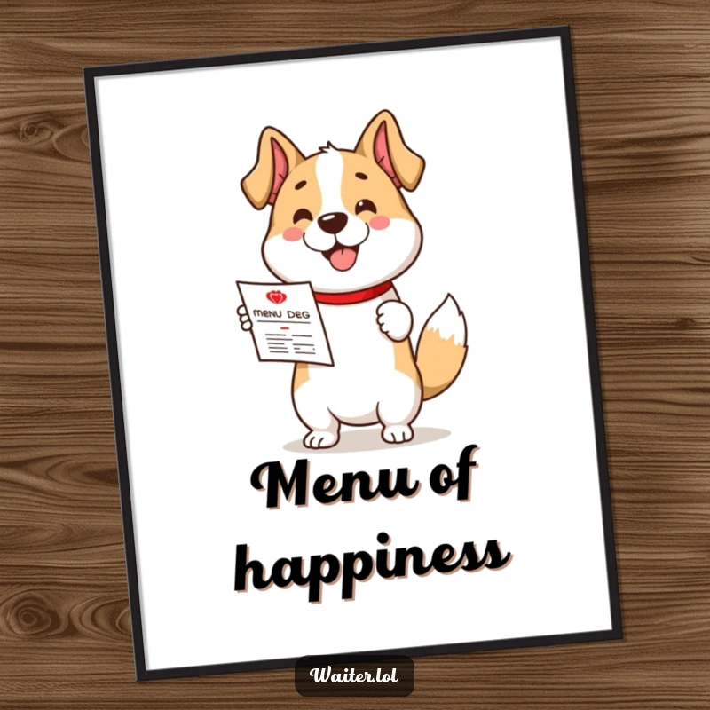 Funny digital art print of a cute dog character enthusiastically presenting a menu with a very happy, wagging tail.