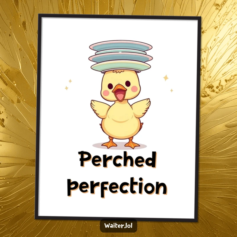 Funny duckling digital art print, gleefully balancing a stack of plates on its head, perfect for adding whimsical decor.