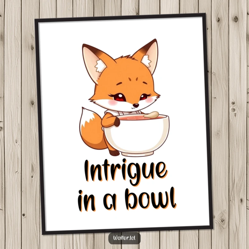 Funny fox chef digital art print of a curious cartoon fox in an apron peering into a steaming bowl with intrigue, culinary and humorous.